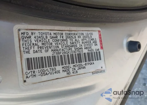 2001 Lexus Es 300 z USA, uszkodzony, nr VIN JT8BF28GX10307910